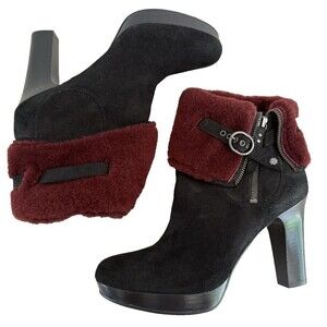 Ugg Scarlett Heel Boots Women Size 9 Black Suede Burgundy Shearling 1005647 Zip